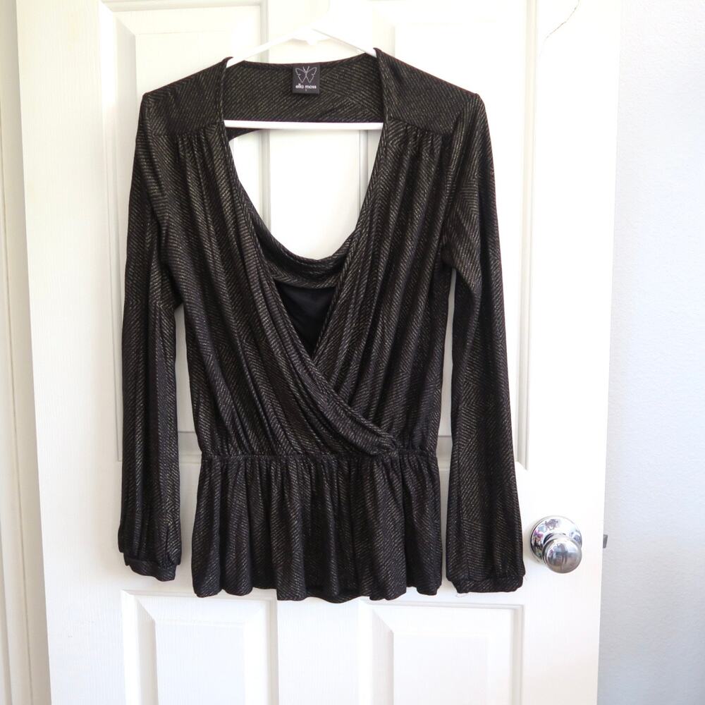 Ella Moss Soft Peplum Wrap Long Sleeve Blouse Black Gold Shine Size Small